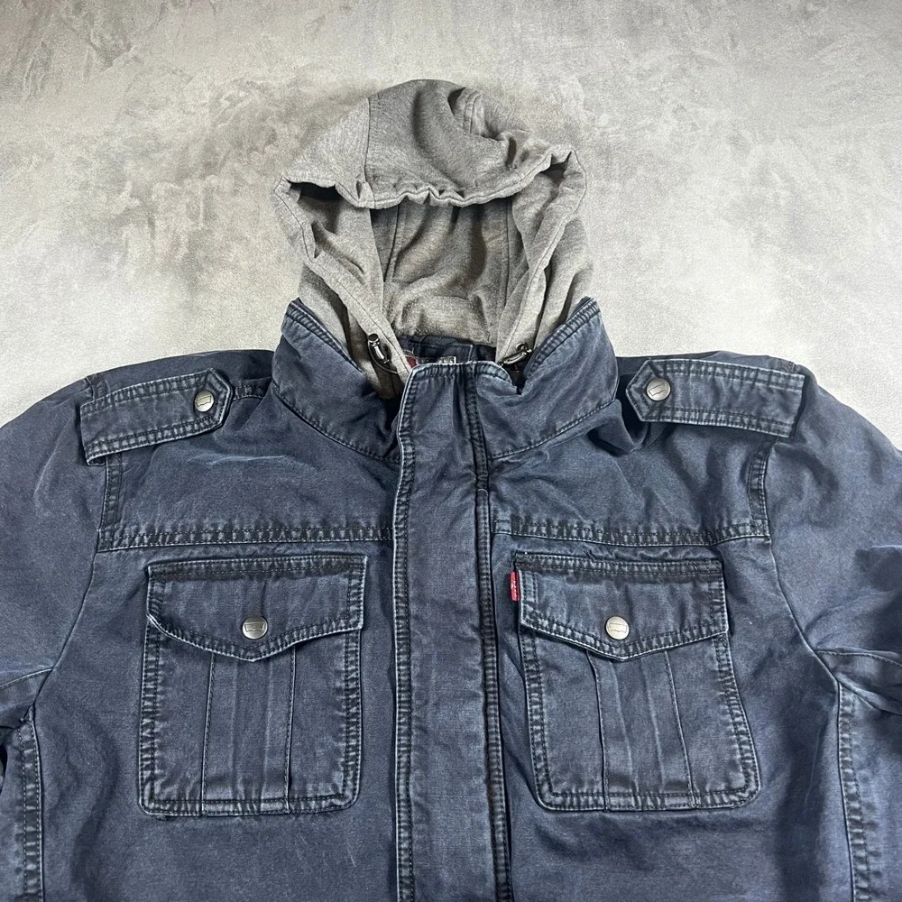 Levis Black Trucker Military Utility‎ Jacket Quilted Lined Zip Hood Large